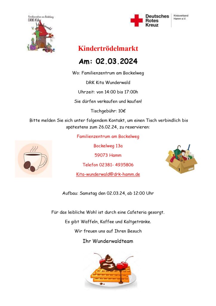 Einladung Kindertrödelmarkt am 02.03.2024 um 14 Uhr am Familienzentrum am Bockelweg, Bockelweg 13a, 59073 Hamm 
