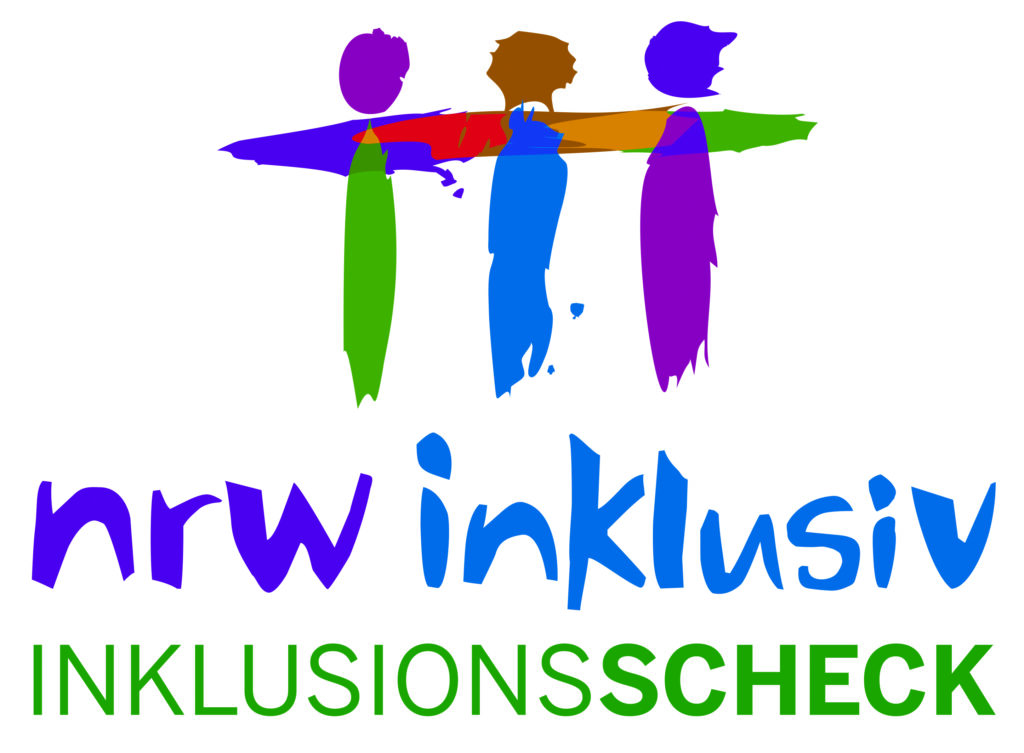 Ein Logo vom NRW Inlusionsscheck, Drei Strickmännchen die mit ausgebreiteten Armen nebeneinander stehen